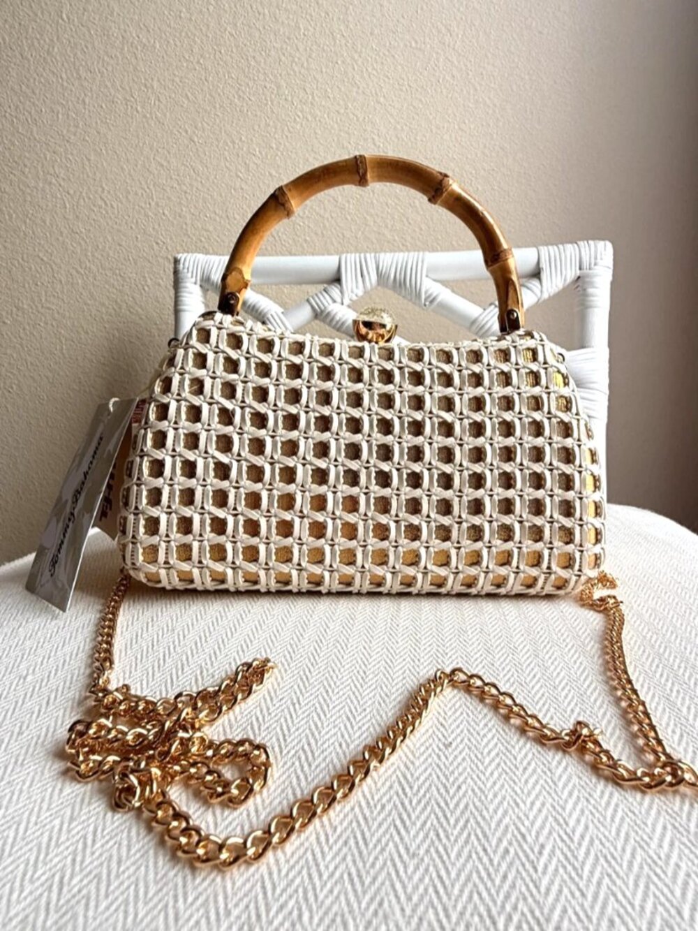Tommy Bahama Woven Bamboo Handle Clutch Crossbody Chain Bag White Gold NWT - Picture 15 of 16